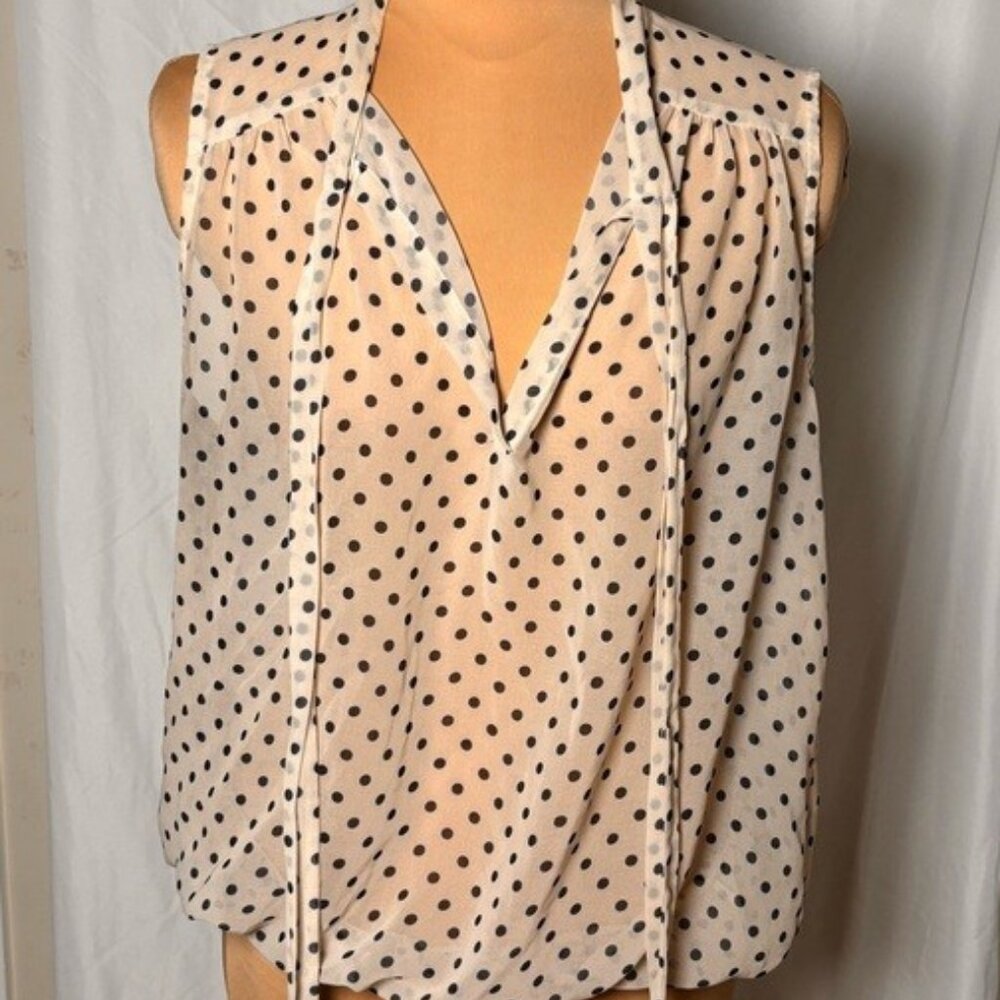 Sweet Pea Sheer Polka Dot Tie Front Tank Cream Black Sleeveless Blouse Size L
